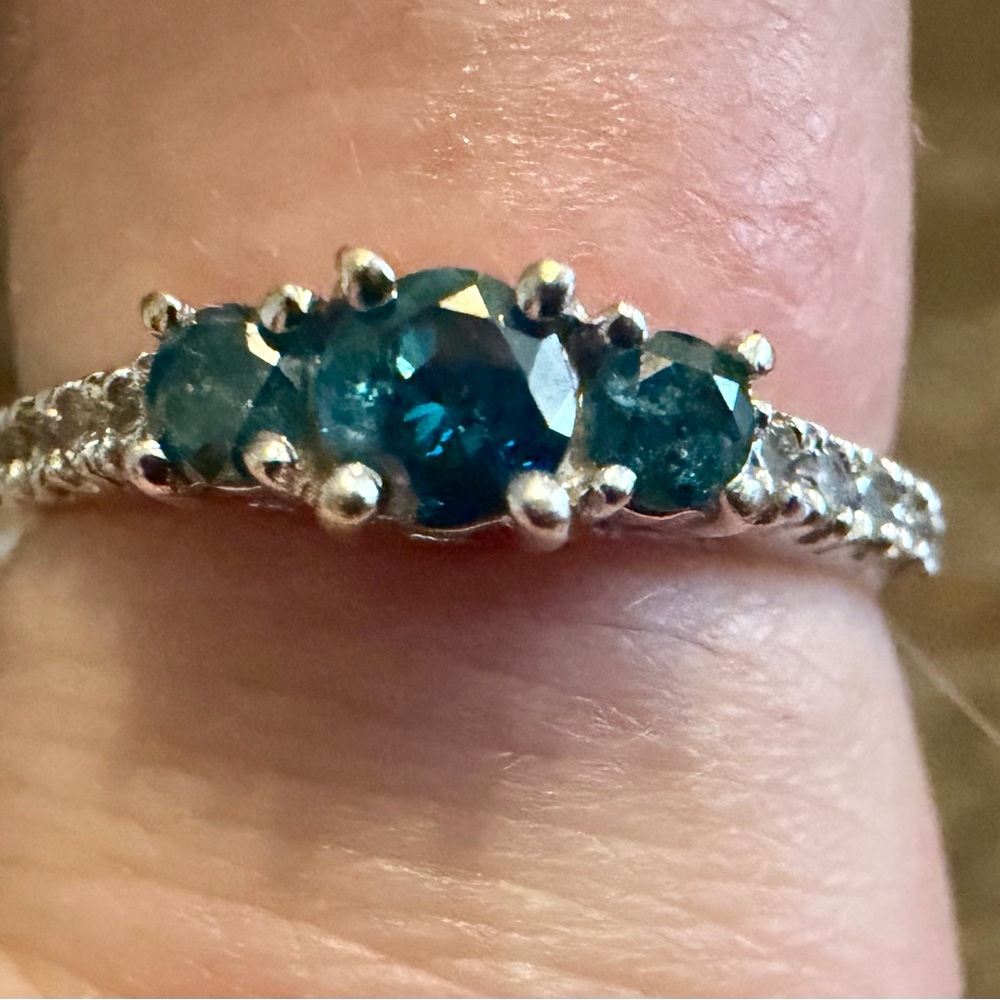 Elegant Natural Blue and White Diamond and 14k White Gold Ring